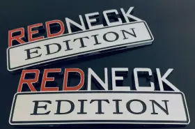 Emb-rdnk-chrm-2 Dodge 2pc Set 7 Inch Redneck Edition Logo Emblem Decal Red Neck Sign Chrome Truck