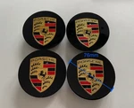 76MM Porsche Center Caps Concave Gloss Black Color Crest (set Of 4) Remanufactured. Price: $95.00.